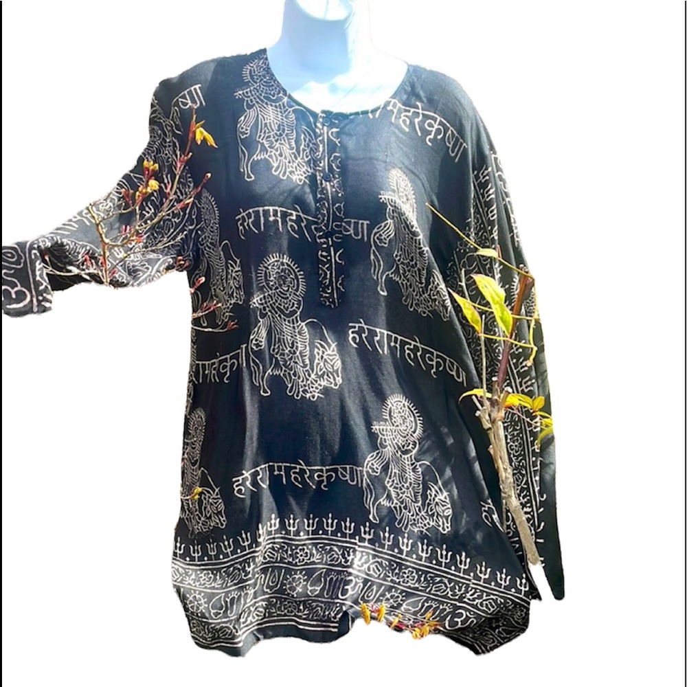 Grey Indian contemporary, ethnic Hare Rama Hare Krishna self-print sheer kurti